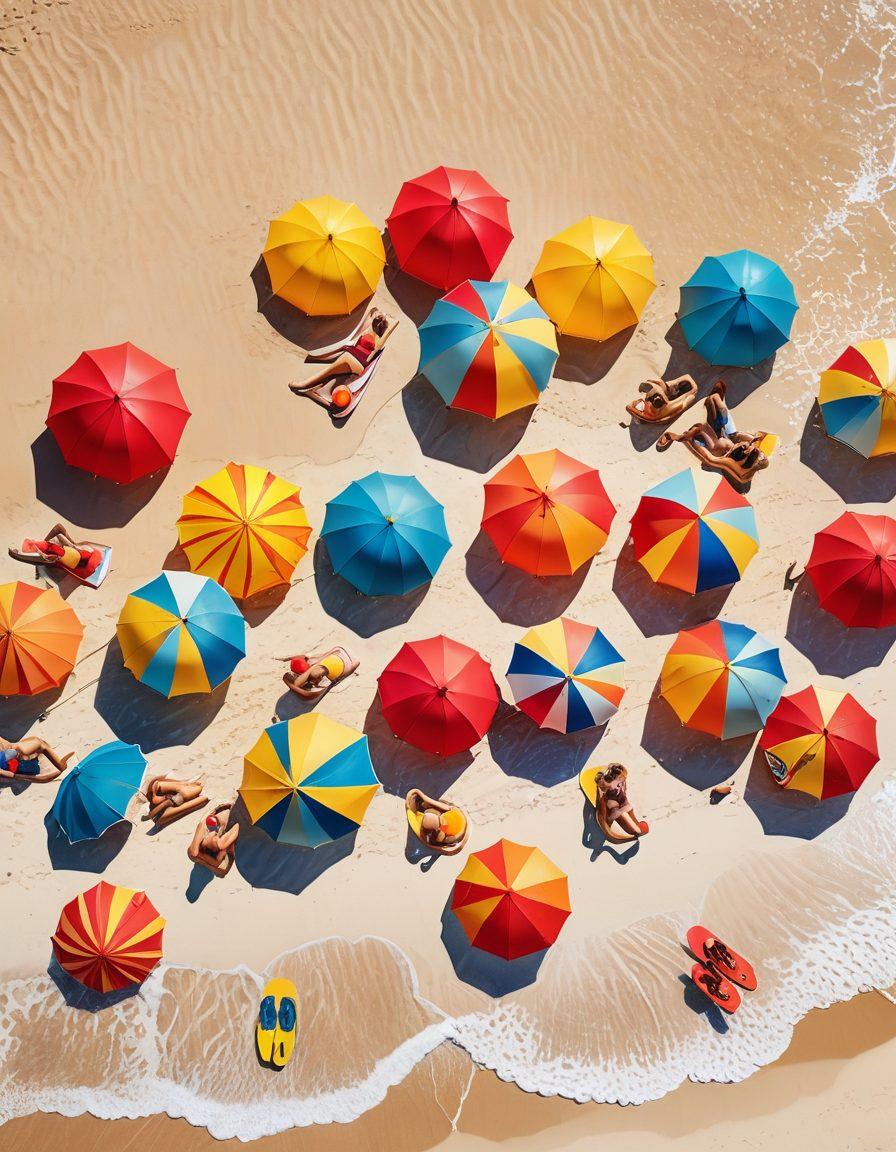 A sun-soaked beach scene filled with vibrant beach umbrellas and lounging sunbathers, showcasing diverse models of varying body types wearing the latest trendy swimwear styles. Include playful elements like beach balls, surfboards, and sparkling ocean waves in the background, creating a lively and fun atmosphere. Warm sunlight casts a golden glow, enhancing the appeal of the swimwear. super-realistic. vibrant colors.