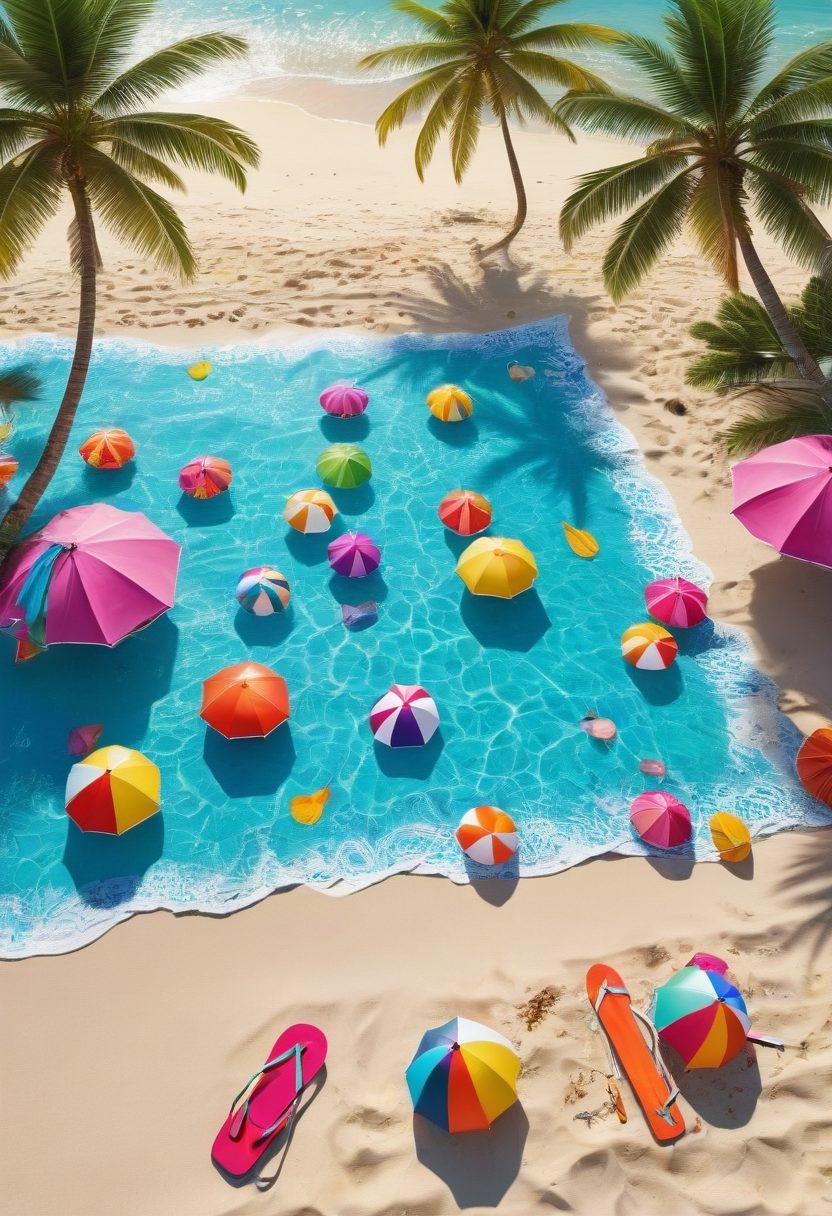 A sunny beach scene filled with colorful sunbathers wearing trendy bikinis and thongs, lounging on vibrant beach towels, with a backdrop of beach umbrellas and palm trees swaying in the gentle breeze. Include playful waves crashing in the background and accessories like sunglasses and beach balls scattered around. The atmosphere should radiate summer vibes and excitement. super-realistic. vibrant colors. natural lighting.